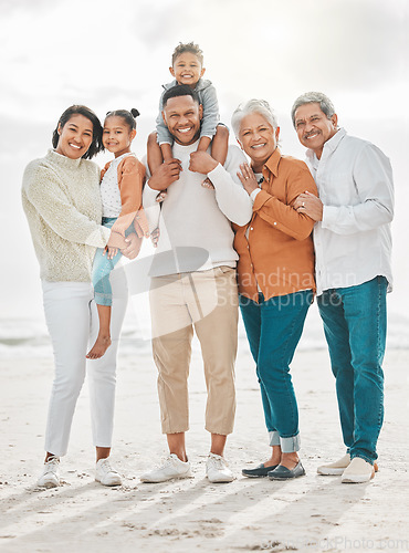 Image of Happy family, travel portrait and beach with grandparents, parent love and kids together by sea. Outdoor, vacation and children with grandmother and father by ocean on holiday in group with a smile