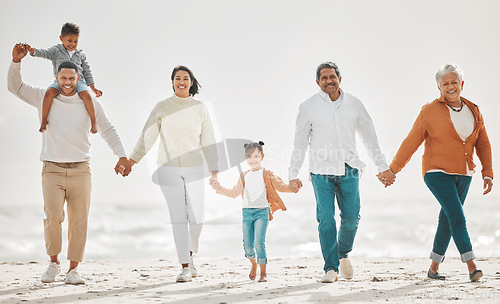 Image of Happy family, fun portrait and beach with grandparents, parent love and kids together by sea. Outdoor, vacation and children with grandmother and father by the ocean on holiday in group with a smile