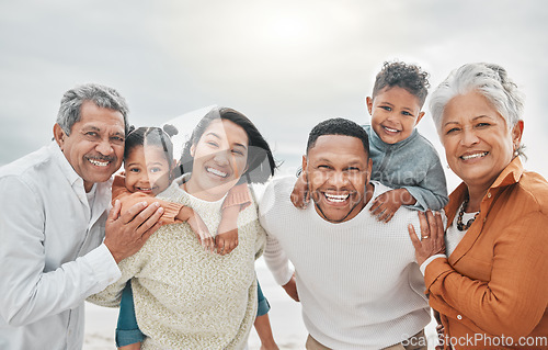 Image of Happy family, smile portrait and beach with grandparents, parent love and kids together by sea. Outdoor, vacation and children with grandmother and father by the ocean on holiday in group with travel