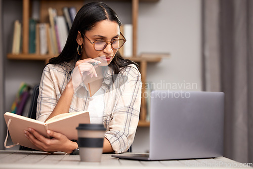 Image of Laptop, notebook and education with a student woman in a university library to study for a final exam. Technology, learning and diary with a young female college pupil reading research material