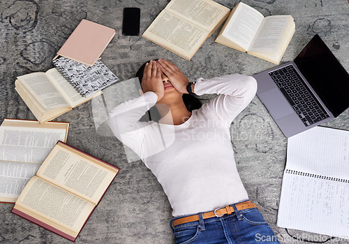 Image of Study anxiety, fatigue and woman student on ground with textbook for test feeling overworked. Stress, female person and home studying for university exam and course with laptop for elearning online