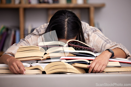 Image of Study books, fatigue and woman student at desk with textbook for test feeling overworked. Stress, female person and home studying for university exam and course with burnout and sleeping in a house