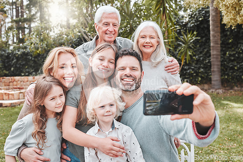 Image of Big family selfie, smile and outdoor in park with happiness, love and bonding for social media, app or internet post. Father, mother and daughter with grandparents, profile picture or backyard garden