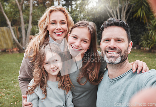 Image of Family selfie, smile and outdoor in park with happiness, love and bonding on social media, app or internet post. Father, mother and daughter on grass for profile picture, backyard garden and web blog