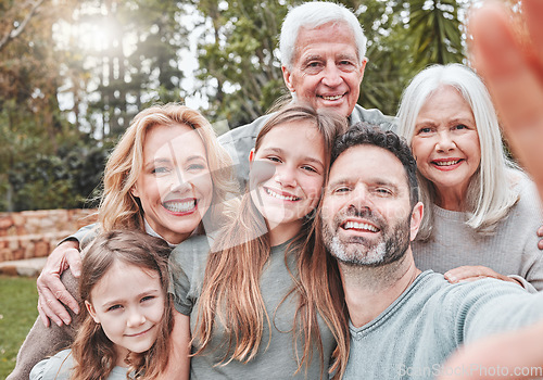 Image of Big family selfie, smile and portrait in park with happiness, love and bond for social media, app or internet post. Father, mother and daughter with grandparents, profile picture or backyard garden