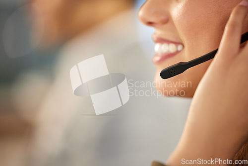 Image of Call center, microphone and mouth of woman agent talking for customer service, crm or telemarketing. Smile of consultant person with headset for sales, contact us and help desk support, mockup space