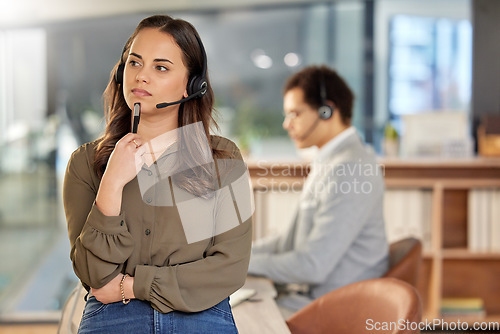 Image of Call center, headset and woman thinking of solution for customer service, crm or telemarketing. Face consultant, agent or manager person think of answer for sales, contact us and help desk support
