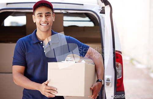 Image of Delivery, box and portrait of man in van with checklist for shipping, logistics and supply chain boxes. Ecommerce, online shopping and face of happy male driver to deliver package, parcel and order