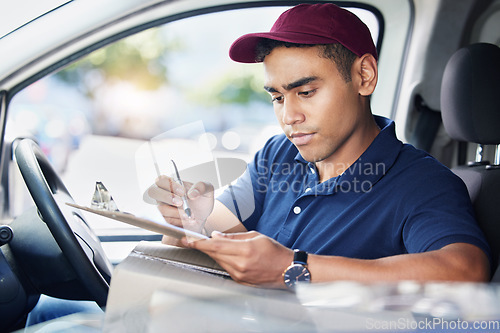 Image of Delivery, clipboard and man writing in van with checklist for shipping, logistics and supply chain. Ecommerce, online shopping and male driver with product list to deliver package, parcel and order