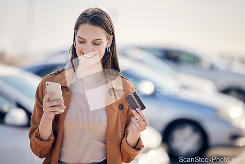 Image of Credit card, phone and a woman with a car payment, online shopping or ecommerce with a smile. Happy, pay and a customer buying a product on a mobile app, banking or paying transport installment