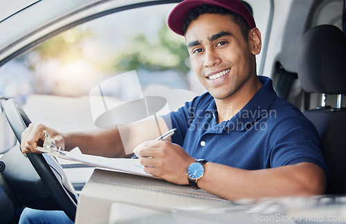 Image of Delivery, checklist and portrait of man in van for shipping, logistics and supply chain forms. Ecommerce, online shopping and happy male driver with product list to deliver package, parcel and order