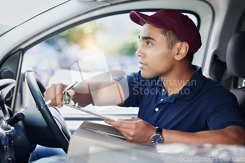 Image of Delivery van, clipboard and man writing with checklist for shipping, logistics and supply chain. Ecommerce, online shopping and male driver with product list to deliver package, parcel and order