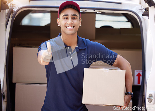 Image of Delivery, thumbs up and portrait of man with box for shipping, logistics and supply chain. Ecommerce, online shopping and male driver with thank you hand sign to deliver package, parcel and order