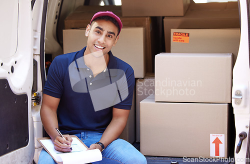 Image of Delivery van, clipboard and portrait of man with boxes for shipping, logistics and supply chain checklist. Ecommerce, online shopping and male driver with list to deliver package, parcel and order