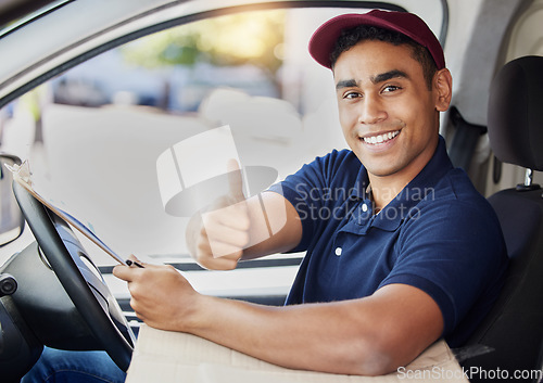 Image of Delivery, thumbs up and portrait of man in van with checklist for shipping, logistics and distribution. Ecommerce, supply chain and male driver with thank you sign to deliver box, parcel and order