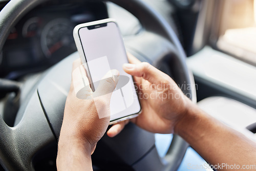 Image of Mockup, phone screen and hands of man in care for website, communication and social media app. Technology, contact and digital with closeup of person in vehicle for network, connection and internet