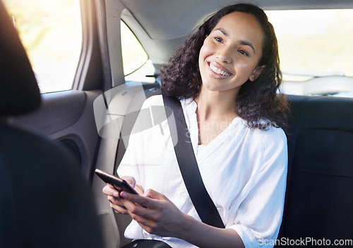 Image of Smile, woman in backseat of taxi and phone for typing on mobile app for transport or gps location search. Travel service, commute and happy passenger in cab with cellphone for destination tracking.