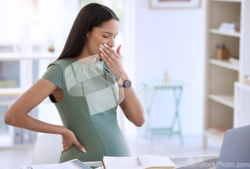 Image of Tired, business woman and pregnancy with yawn and fatigue from office work. Pregnant, female employee and maternity of a worker with working and burnout at a company for report deadline with notes