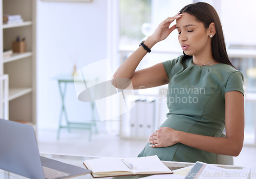 Image of Stress, pregnant woman in office with headache at desk and small business research online with laptop. Pregnancy, exhausted businesswoman and working overtime on report for startup design company.