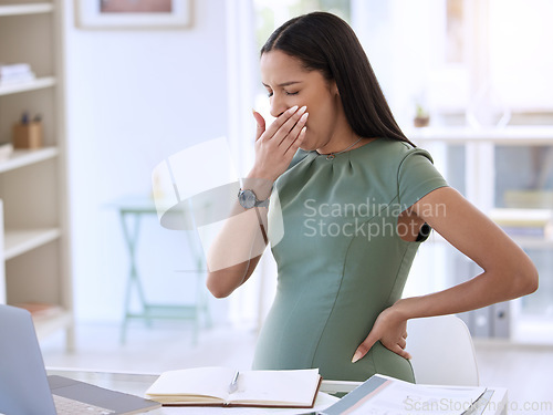 Image of Tired, business woman and pregnant with yawn and fatigue from office work. Pregnancy, female employee and maternity of a worker with fatigue and burnout at a company for report deadline with notes