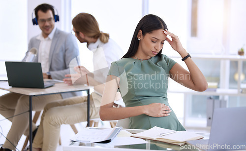 Image of Stress headache, pregnant woman in office and worry at desk, laptop and small business research online. Pregnancy, exhausted businesswoman and anxiety, overtime on report for startup design company.