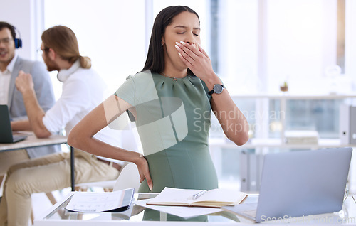 Image of Fatigue, business woman and pregnant with yawn and online at office work. Pregnancy, female employee and maternity of a worker with tired and burnout at a company for report deadline with notes