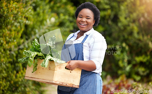 Image of Farm, agriculture and portrait of black woman with basket of vegetables, harvest and fresh produce. Farming, sustainability and happy female farmer with crate of organic, natural and health food