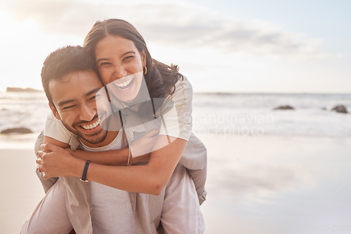 Image of Couple, portrait and hug at the beach with happiness on vacation for love with sunshine. Man, woman and hugs at the ocean with sun for a holiday with a smile for the weekend with a relaxing date.