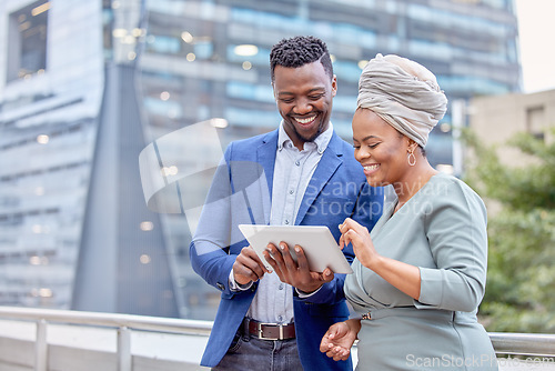 Image of Tablet, business and people working in the city for research in cape town for entrepreneurship. Professional, teamwork and urban building with reading technology for communication in career on app.