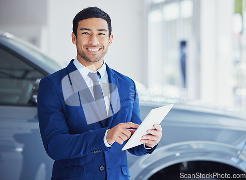 Image of Portrait, tablet and car salesman smile at dealership, workshop or workplace. Face, technology and male person at showroom for motor vehicle shopping, business owner or sales manager in retail store.