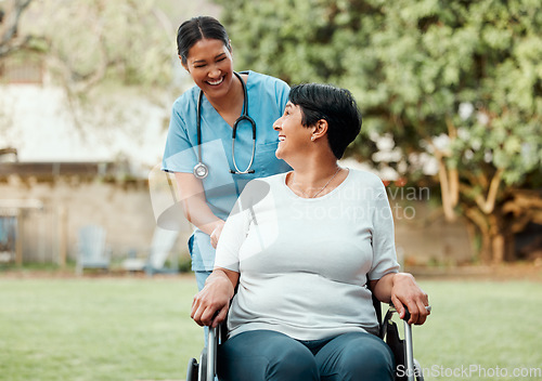 Image of Garden, nurse and senior woman in a wheelchair, healthcare and happiness with care, recovery and rehabilitation. Female person with a disability, medical professional and mature patient in a park