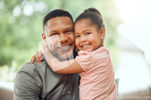 Image of Family, father hug daughter and smile in portrait with bonding, love and care, happiness at home. Happy man with young girl and affection in relationship, people relax together with bond and trust