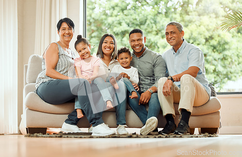 Image of Family in portrait, grandparents and parents with children relax on sofa with smile, generations and bonding at home. Support, trust and love with care, people are happy together in living room