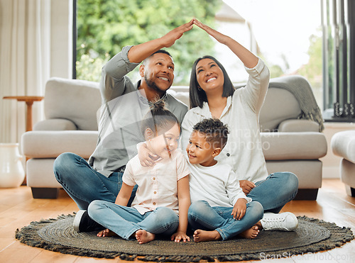 Image of Family, parents and children with roof, safety and protection with love, care and security with happiness at home. Hands together, insurance cover or people in house with mom, dad and kids with trust