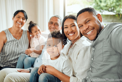 Image of Family in selfie, grandparents and parents with children relax with smile, generations and bonding at home. People are happy in picture together in living room, love and care with support and trust