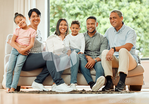 Image of Family in portrait, grandparents and parents with kids relax on sofa with smile, generations and bonding at home. Support, trust and love with care, people are happy together in living room