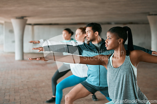 Image of Team, exercise and friends stretching as a fitness club for sports, health and wellness in an urban class together. Sport, commitment and people training or group doing pilates workout in yoga