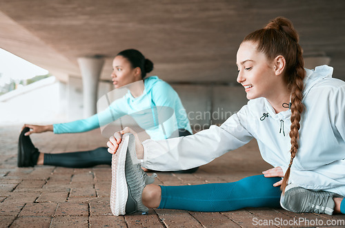 Image of Friends, workout and people stretching as a fitness club for sports, health and wellness in an urban town together. Sport, commitment and friends training or team leg warm up for workout or run