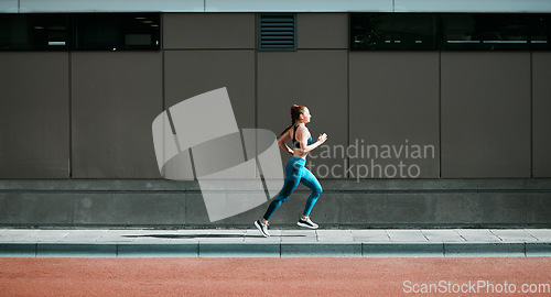 Image of Young woman, running and city sidewalk with training, exercise and fitness on urban road. Street, runner profile and female athlete with mockup and body workout for health, wellness and race outdoor