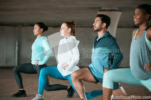 Image of Friends, workout and people stretching as a fitness club for sports, health and wellness in an urban class together. Sport, commitment and group training or team doing pilates exercise in yoga