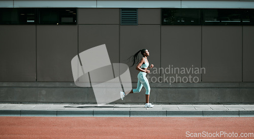 Image of Black woman, running and city sport on sidewalk with training, exercise and fitness on road. Street, urban runner and female athlete with mockup and body workout for health, wellness and race outdoor