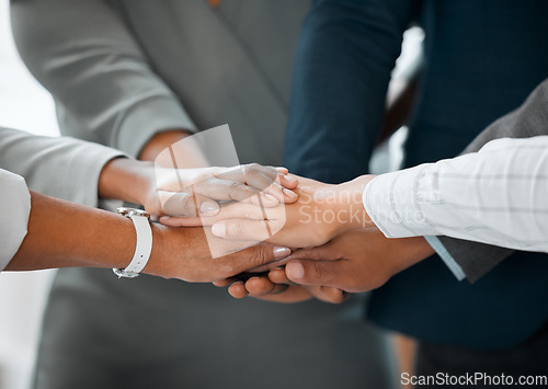 Image of Collaboration, hand or huddle of group of employees with motivation, trust or support, synergy and partnership. Teamwork, hands together or business people in cooperation, team building or solidarity