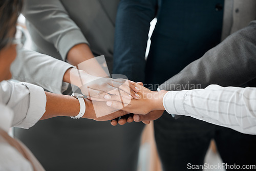 Image of Teamwork, hands together and business people in cooperation, team building and solidarity. Collaboration, hand huddle and group of employees with motivation, trust or support, goal and partnership