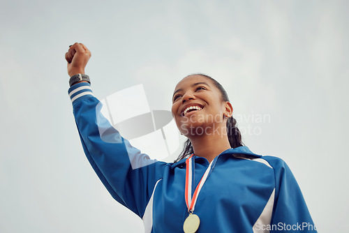 Image of Happy woman, fist and celebration of winning athlete, success or victory for sports achievement on mockup. Female person or winner with smile in joy for win, award or sport medal on mock up space