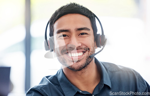 Image of Portrait, man and happy call center worker with headset, smile and professional mindset for customer service, support or help. Face, person and working in telemarketing, crm or online consulting