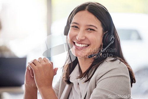 Image of Portrait, woman and happy call center worker with headset, smile and professional mindset for customer service, support or help. Face, person and working in telemarketing, crm or online consulting