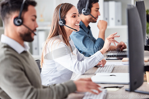 Image of Woman, call center and working in office workspace with headset, computer and online customer support, service or help. Businesswoman, smile and contact us, crm and telemarketing employee talking