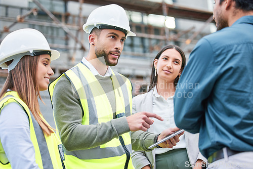 Image of Teamwork, architecture and tablet with people on construction site for planning, building and project management. Industrial, technology and engineering with contractors for designer and inspection