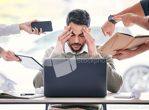 Image of Burnout, headache and chaos of business man with stress, anxiety or mental health crisis, documents and laptop. Project problem, phone call and paperwork of manager, time management and people hands