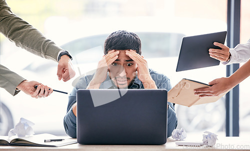 Image of Stress, confused and chaos of man on computer for headache, anxiety or mental health, reading mistake or fail. Risk, laptop and worried manager of time management, business questions and people hands